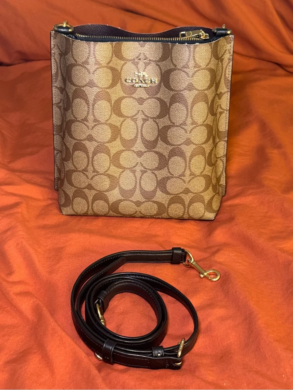 Coach Brown Signature Canvas Shoulder Bag with Black Handle and Trim - Picture 2 of 8